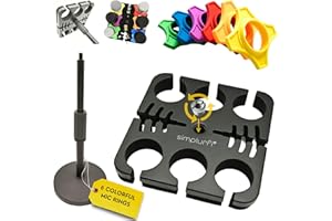 SIMPLURFI Multi Microphone Holder Cable Hanger & Organizer with Desktop Mic Stand - Square Tray Attachment holds up to 6 mics On Stage Organizer and Display - 6 Anti-roll Rings Included