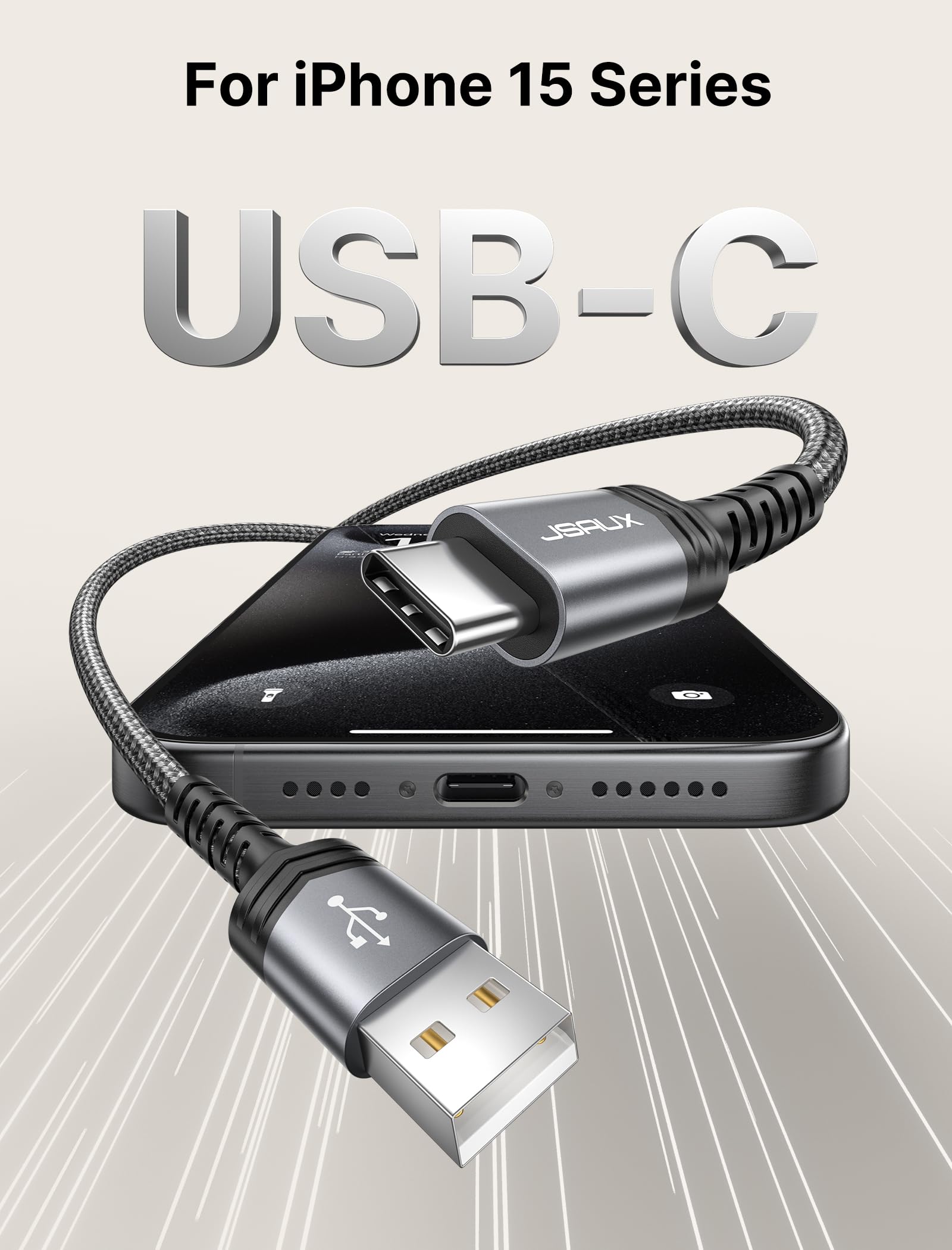 JSAUX USB C Cable [2-Pack 10ft], USB A to USB Cord Fast Charging for iPhone Air, iPhone 17, iPhone 17 Pro, iPhone 17 Pro Max, iPhone 16/iPhone 15 Series, Samsung S20 S10, Note 20 10, Car Pla - Grey