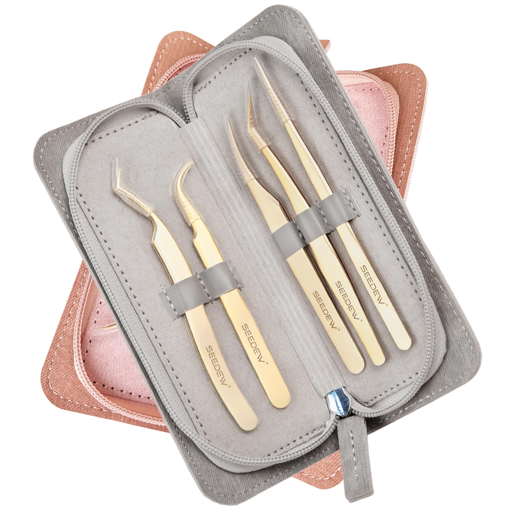 SEEDEW Lash Tweezers Set, 5 Stainless Steel Golden Tweezers + Storage Bag, Isolation Pointy for Eyelash Extension, Beginner Lash Tech, Beauty, Nail Salon, Perfect Precision Repair (Gray) — image 1