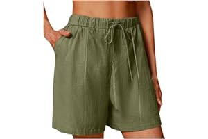 Womens Cotton Linen Shorts Summer Solid Wide Leg Short Pants Comfort Lightweight Beach Bermuda-Shorts with Pocket