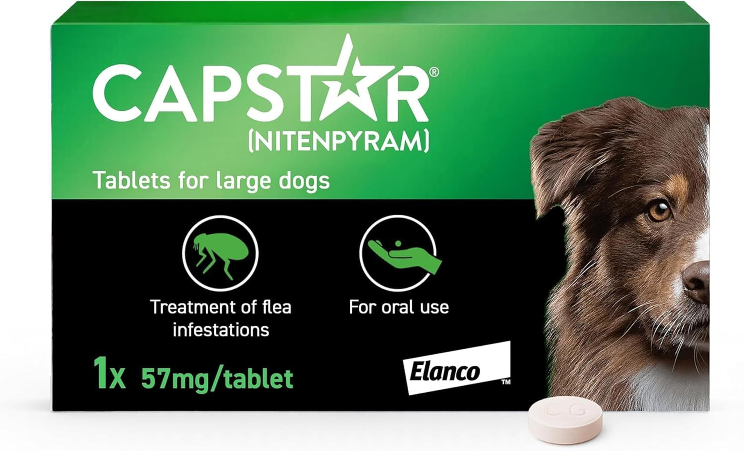 Capstar Flea Tablets for Dogs, for Medium and Large Dogs from 11.5kg to 57kg, Oral Medication for Flea Treatment in Dogs, Contains 1x 57mg Nitenpyram Flea Tablet