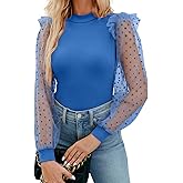 WAYMAKER Women's Mock Turtle Neck Polka Dot Sheer Mesh Puff Long Sleeve Bodysuit Blouses Tops Shirts