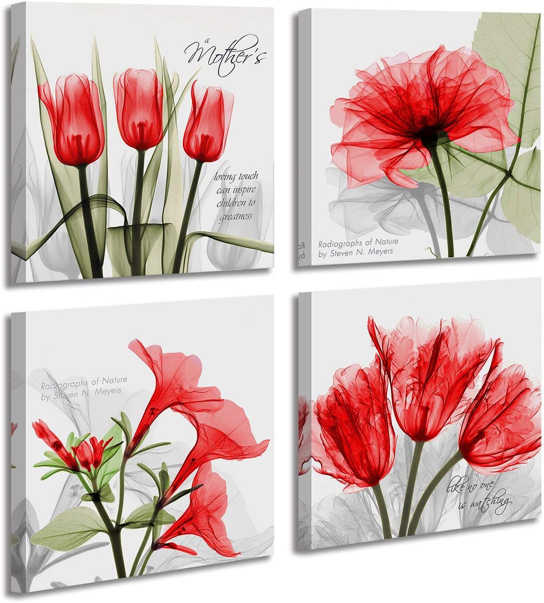 4 Panel Wall Art, Elegant Red Tulip Flower Canvas Print Wall Paintings,Flickering Flower Morning Glory Wall Decor,Modern Framed Home Art Decor 12x12inch