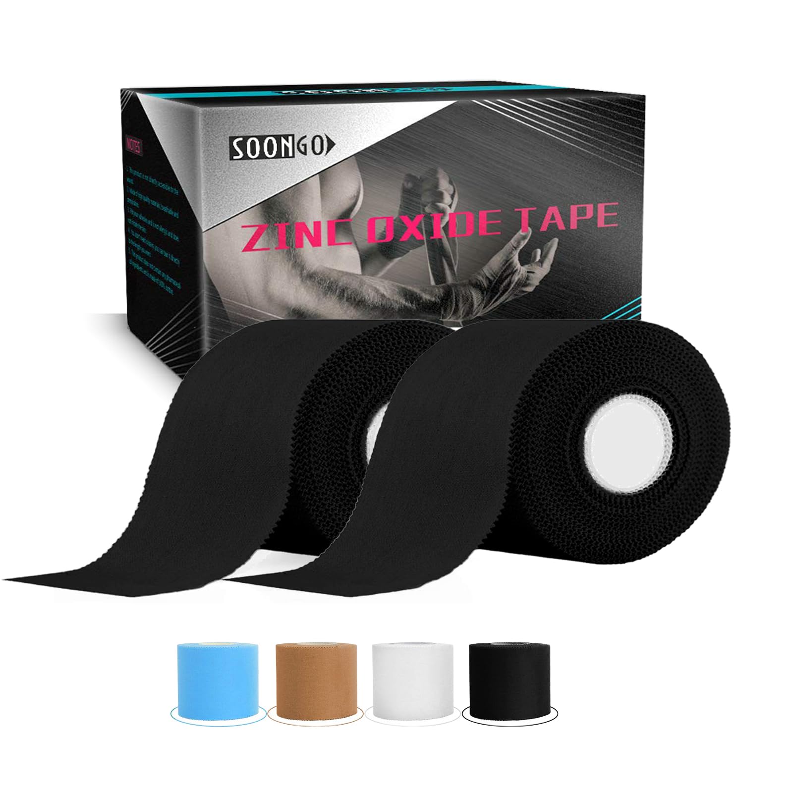 SOONGO Zinc Oxide Tape 3.8cm x 10m Black 2 Rolls Sports Strapping Athletic Tape Inelastic Provide Maximum Support Fixed Joint Good Viscosity Hypoallergenic