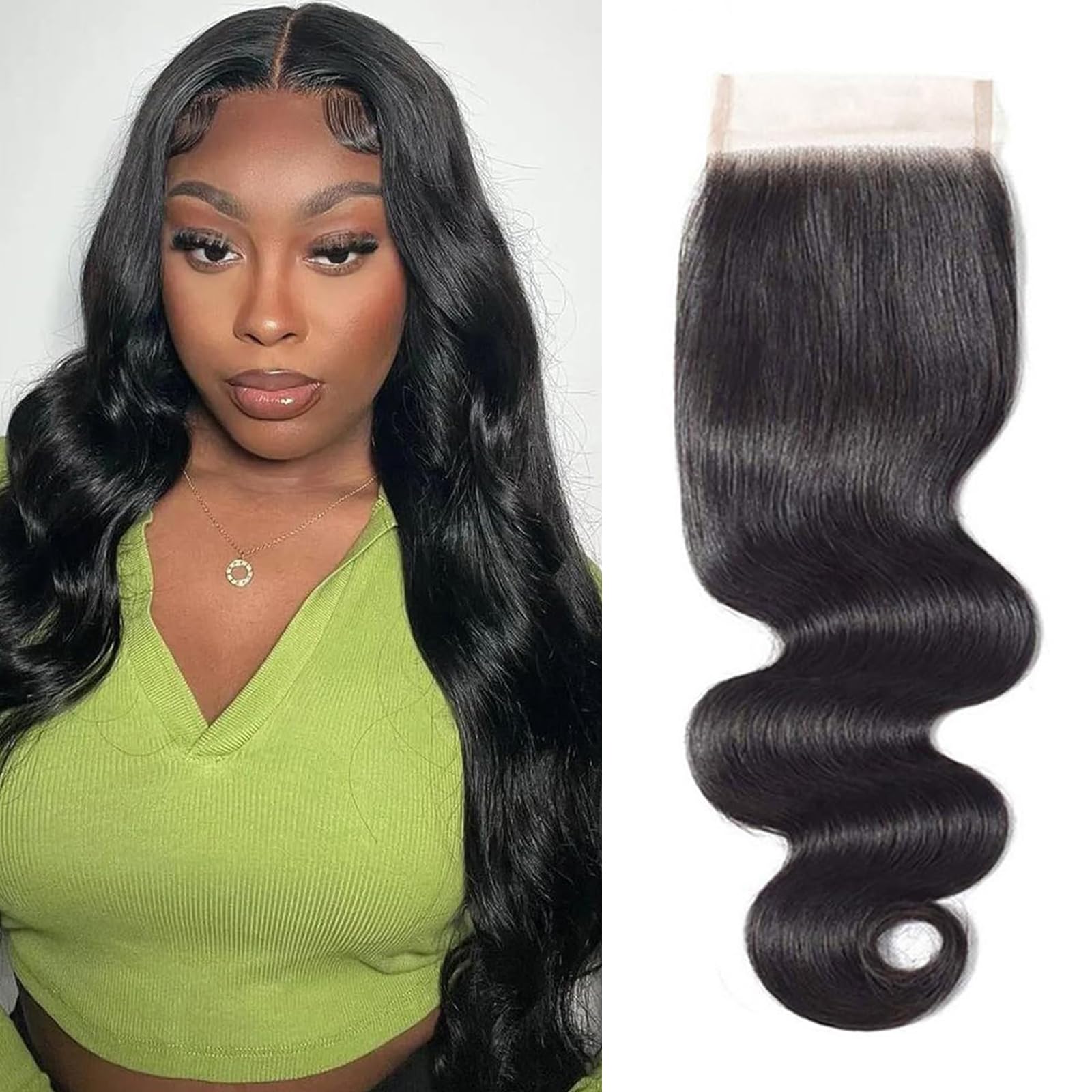 Closure Human Hair 20 Inch Body Wave Free Part 4x4 Lace Closure 100% Unprocessed Brazilian Human Hair 150% Density Hand Tied Swiss Pre Plucked With BabyHair Front Only Natural Black Color — image 1