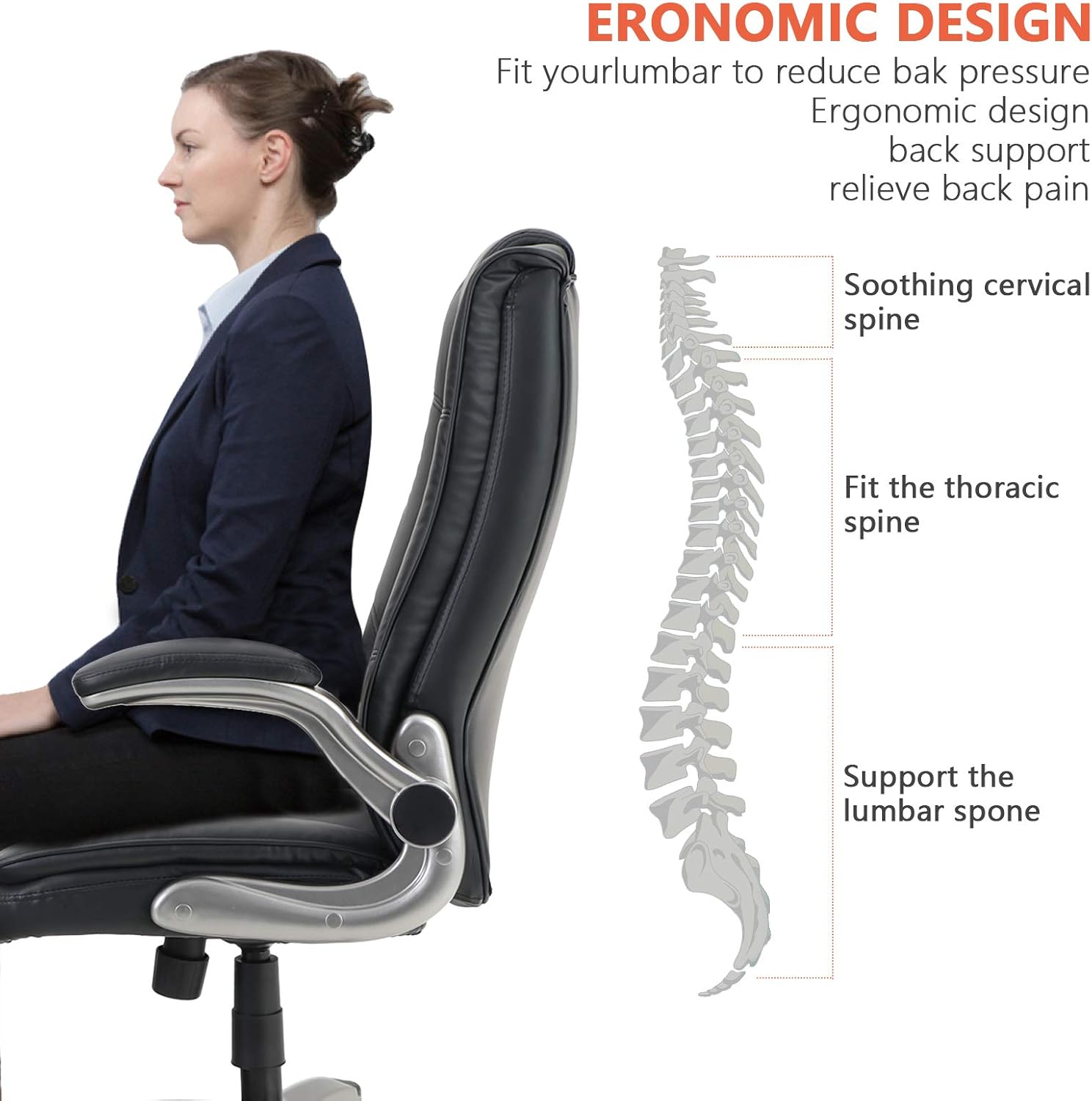ALPHA HOME High Back Executive Chair Ergonomic Office Chair Managerial Computer Desk Chair Flip Up Armrest Big Tall Adjustable Height PU Leather Task Chair Rolling Swivel Chair-Capacity 400LBS: Kitchen & Dining