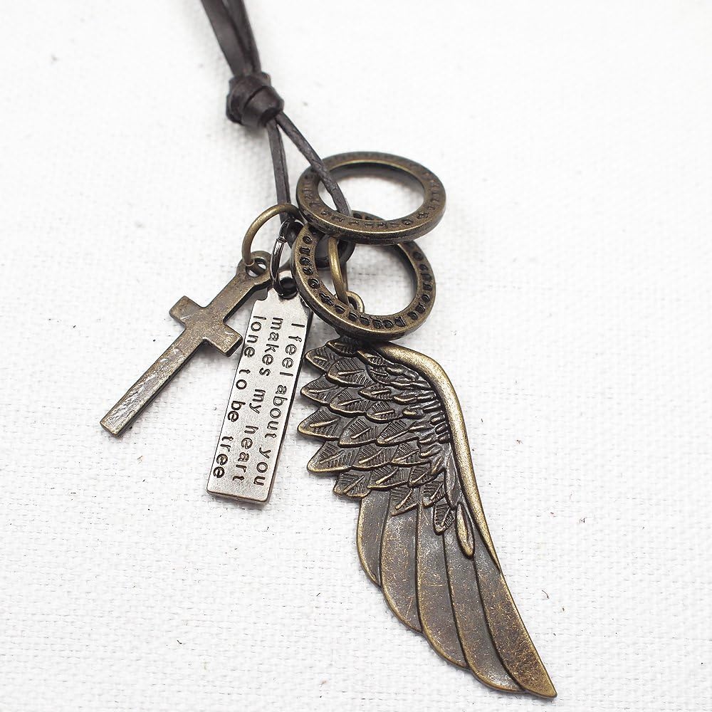 Punk Rock Man Silver Bronze Feather Wings Dog Tag Leather Rings Chain Cross Mens Necklaces Pendants Metal