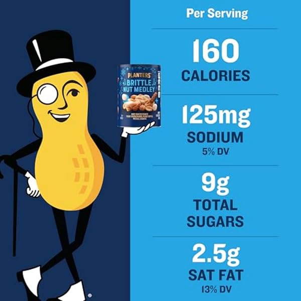 PLANTERS HOLIDAY BRITTLE NUT MEDLEY TRAIL MIX SNACK WITH HONEY PEANUTS, YOGURT RAISINS, PEANUT BRITTLE, PRETZELS & CASHEWS, HOLIDAY SNACK, PARTY NUT MIX, 1 LB. CANISTER