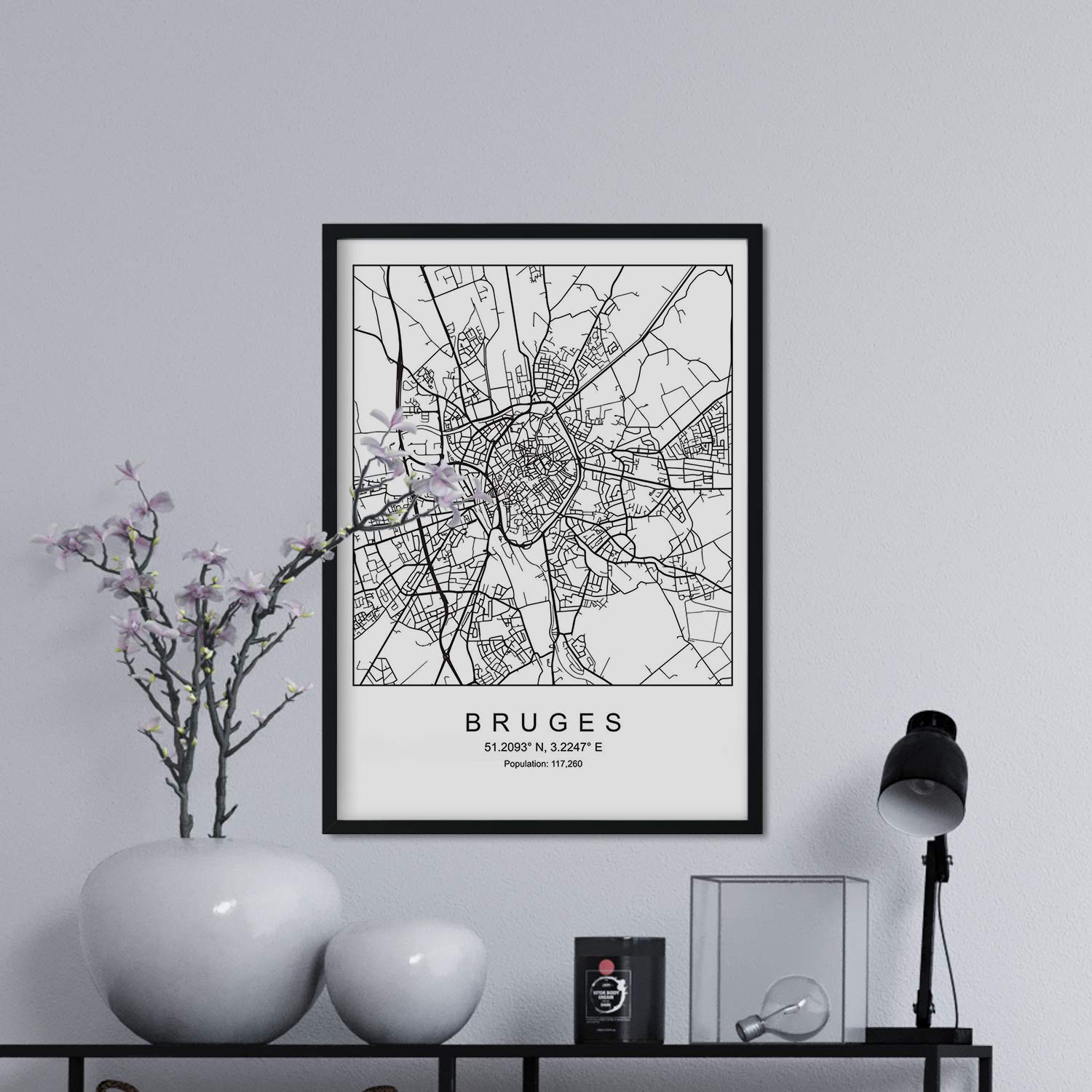 Nacnic Print City Map Bruges Scandinavian Style in Black and White, A3 Size, Uncoated Paper, Greyscale, 250 Grams, Map