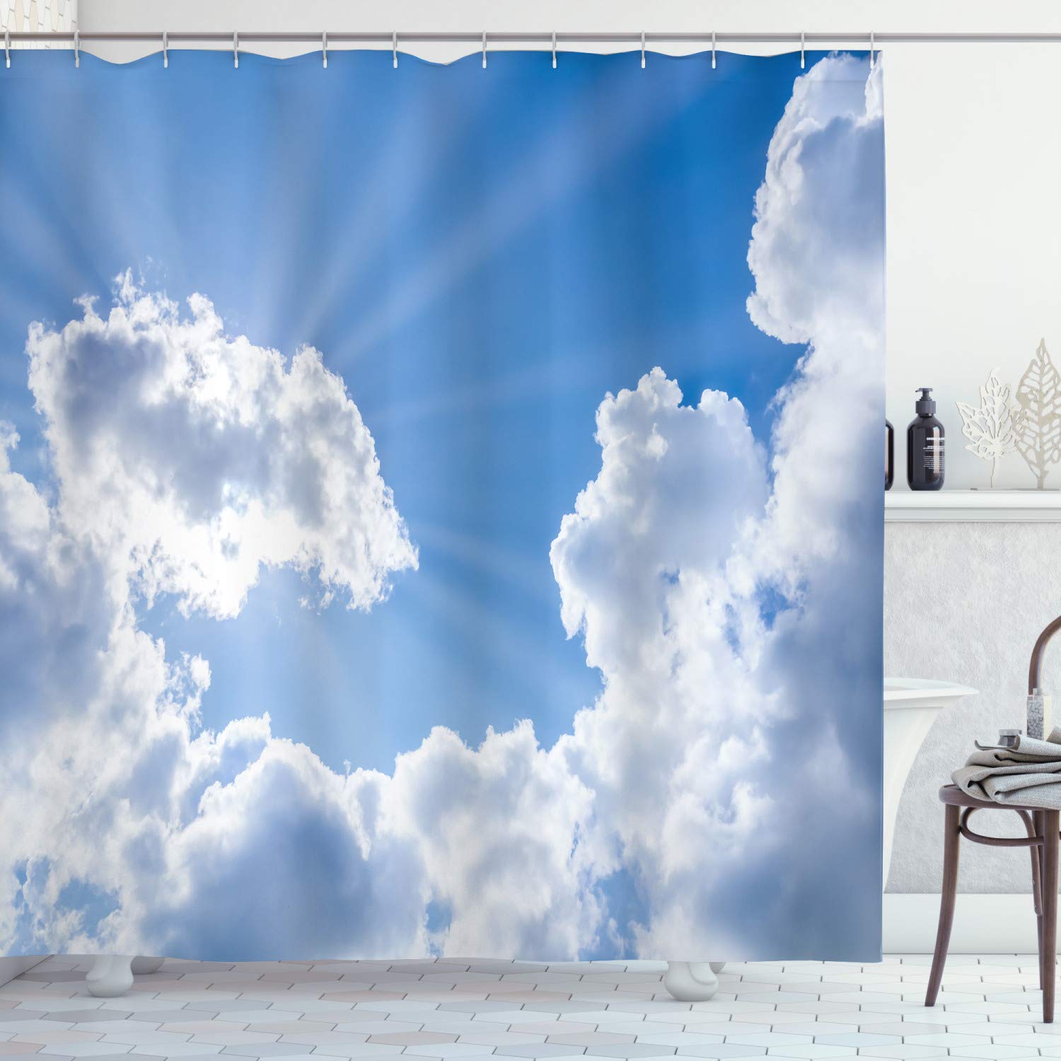 ABAKUHAUS Landscape Shower Curtain, Sun Rays Breaking Through the Clouds Atmosphere Nature Scenery Picture, Cloth Fabric Bathroom Decor Set with Hooks, 94 Inches, Blue White