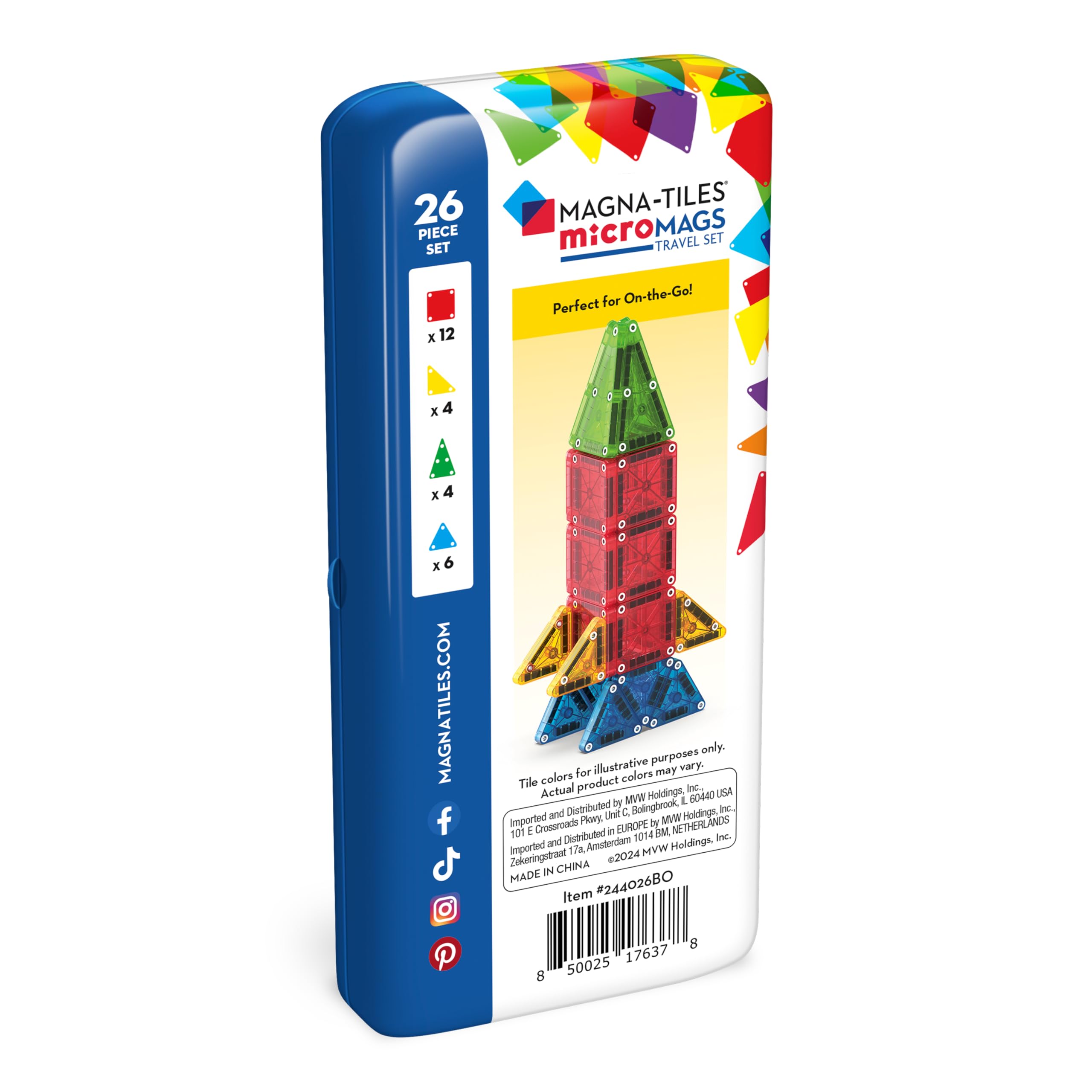 MAGNA-TILES microMAGS 26-Piece Travel Magnetic Construction Set – Bold Colors, The Original Magnetic Building Brand