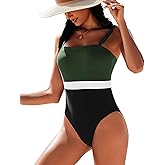 AI'MAGE Women's One Piece Swimsuit Color Block Bathing Suit Square Neck Swim Suits Vintage Retro Swimwear, Green Black, XX-Large