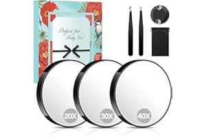 MIYADIVA Magnifying Mirror Set, 20x&30x&40x Suction Cup Makeup Mirror, 2 Tweezers & Storage Bag, 3.5 Inch Compact Mirror for Travel, Bathroom, Home, Gifts for Women