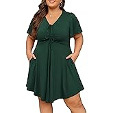 Manllenshie Women's Plus Size Dresses Casual Flowy Dress with Pocket Short Ruffle Sleeve V Neck Drawstring Bow Summer