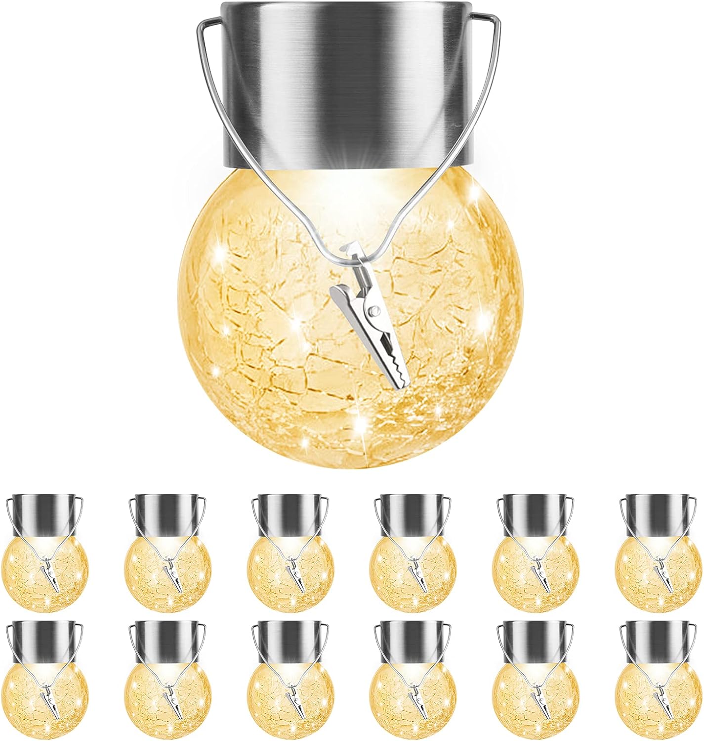 Lighting - Solar Outdoor Lights Decorative 12 Pack, Hanging Solar Garden Lights Waterproof, Solar Powered Globe Lantern Cracked Glass Ball Lights for Yard Patio Fence Tree Umbrella Holiday Decoration,Warm White