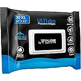 Pure Active XXL Body Wipes for Face and Body, Deodorizing Men's Shower Wipes for Camping, Travel, and After Workout, 12x12 Blue Ice Scented 30 Pack
