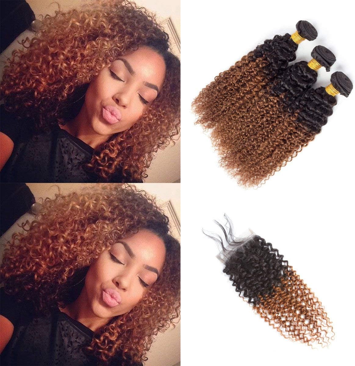 Ombre Human Hair Kinky Curly Bundles with Closure 3 Bundles Brown T1B/30 Lace Closure 4x4 Two-tone Human Hair Virgin Hair Grade 8A Soft 100% Brazilian Hair Extension (16"18"20"+14"Closure) Inch