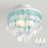 TRIBILLION 13.8" Natural Capiz Shell Chandelier 3 Light Mini Chandelier Boho Ceiling Light Entryway Light Fixture for Girls' 