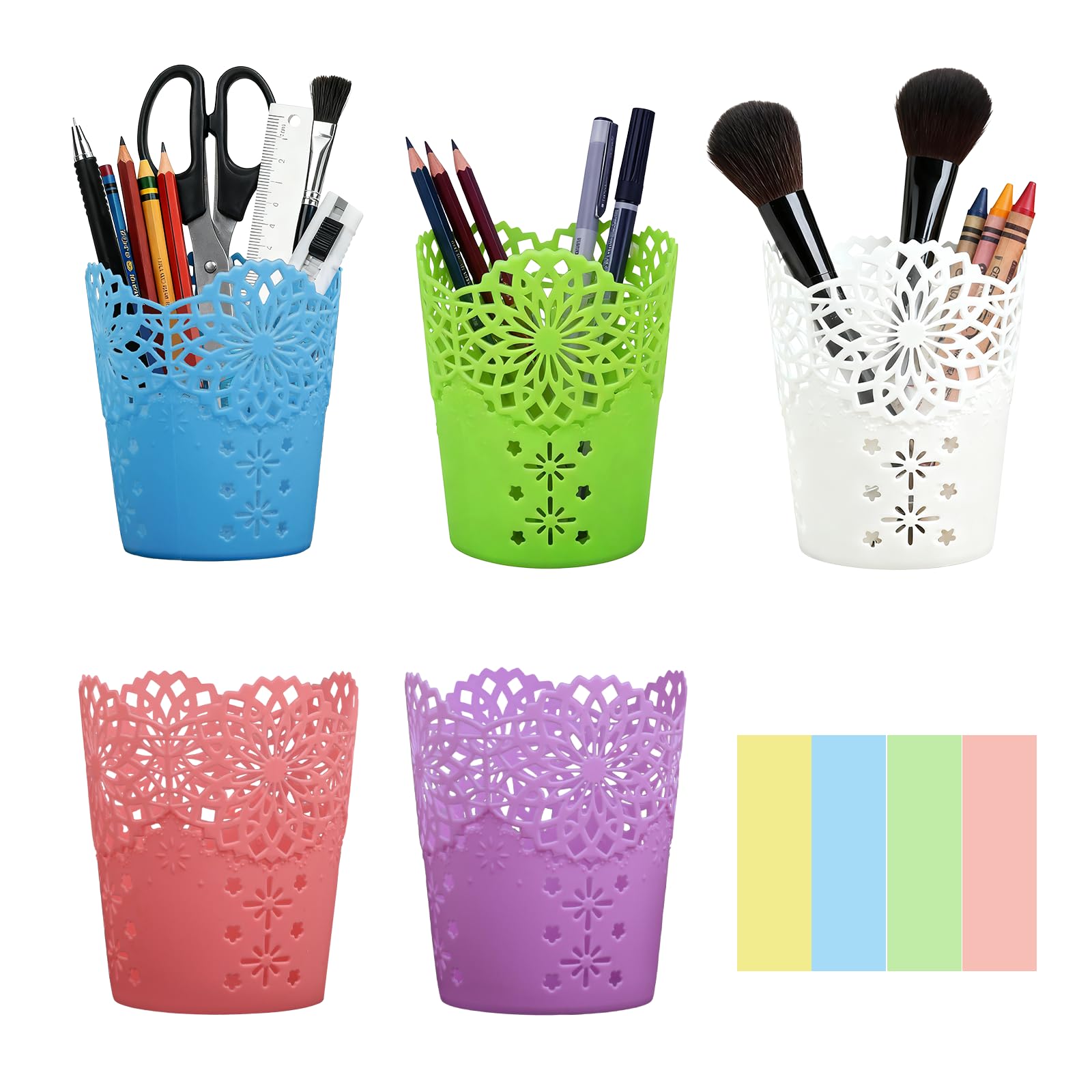 Lifreer 5PCS Pencil Holder Cup Set, Pencil Pot Pencil Cup Makeup Brush Desk Tidy Organizers with 400 PCS Sticky Notes for Office School Home Supplies
