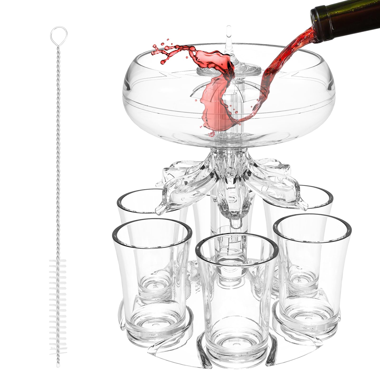 Pagezol Party Drink Dispenser - Clear Acrylic Touchless Shot Pourer with 6 Shot Glasses, Cocktail & Beer Dispenser