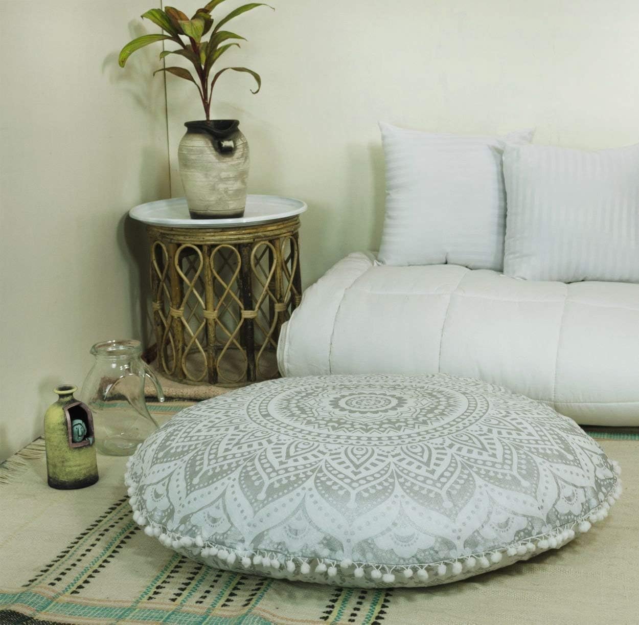 FUTURE HANDMADE 32" Inches Round Pouf Cushion Cover White Silver Ombre Printed Multi Color Pouf Cushion Cover Room Decor Bohemian Pouf Cushion Cover (Design 16)