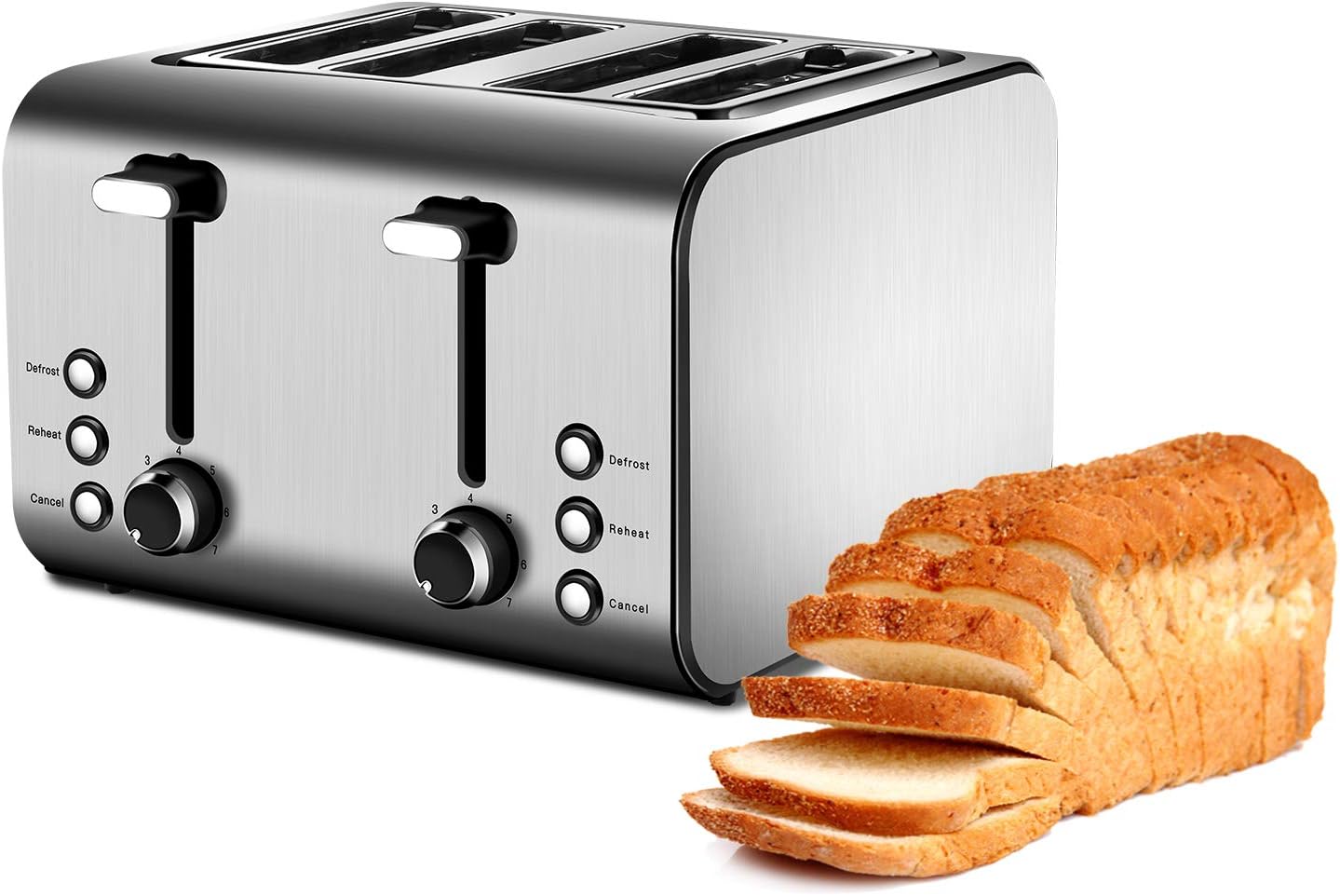 4 Slice Toaster with Reheat, Defrost and Cancel Function, Extra Wide Slots Compact Stainless Steel Toasters with 7 Toast Shade Settings and Removable Crumb Trays