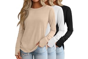 Huukeay 3 Pack Women's Long Sleeve Shirts with Thumb Holes, Cotton Casual Crew Neck Tunic Tops Fall Loose Y2k Trendy Outfits