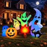 SEASONBLOW 6Ft Long Halloween Inflatable Ghost Campfire Outdoor Decoration | Halloween Decoration Blow Up Ghosts with Pumpkin and Black Cat Built-in Lights for Halloween Party Indoor Outdoor Garden Yard