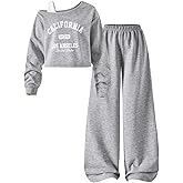 RoseSeek Girl's Fall Outfits Off The Shoulder Cropped Sweatshirt Tops and Wide Leg Baggy Sweatpants Set