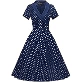 GownTown 1950 Women Dress Shawl Lapel Short Sleeves Cocktail Swing Dress with Pockets