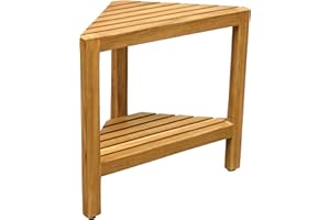 ASTA FURNITURE Asta Aris Solid Teak Indoor Outdoor Shower/Bath/Spa Corner Stool with Shelf, Fully Assembled, TB-011A