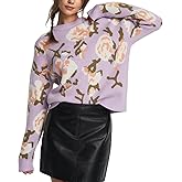 Women's Flower Sweater Crew Neck Casual Long Sleeve Drop Shoulder Pullover Sweaters Knit Top