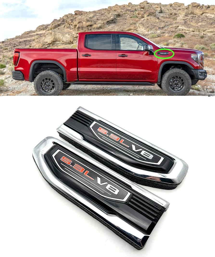Photo 1 of Pair New 5.3L V8 Vent Decal Emblems Kit 3D Driver Passenger Side Badge Compatible with 2019-2024 GMC Sierra GM 85160715 86532094 (Chrome Red)