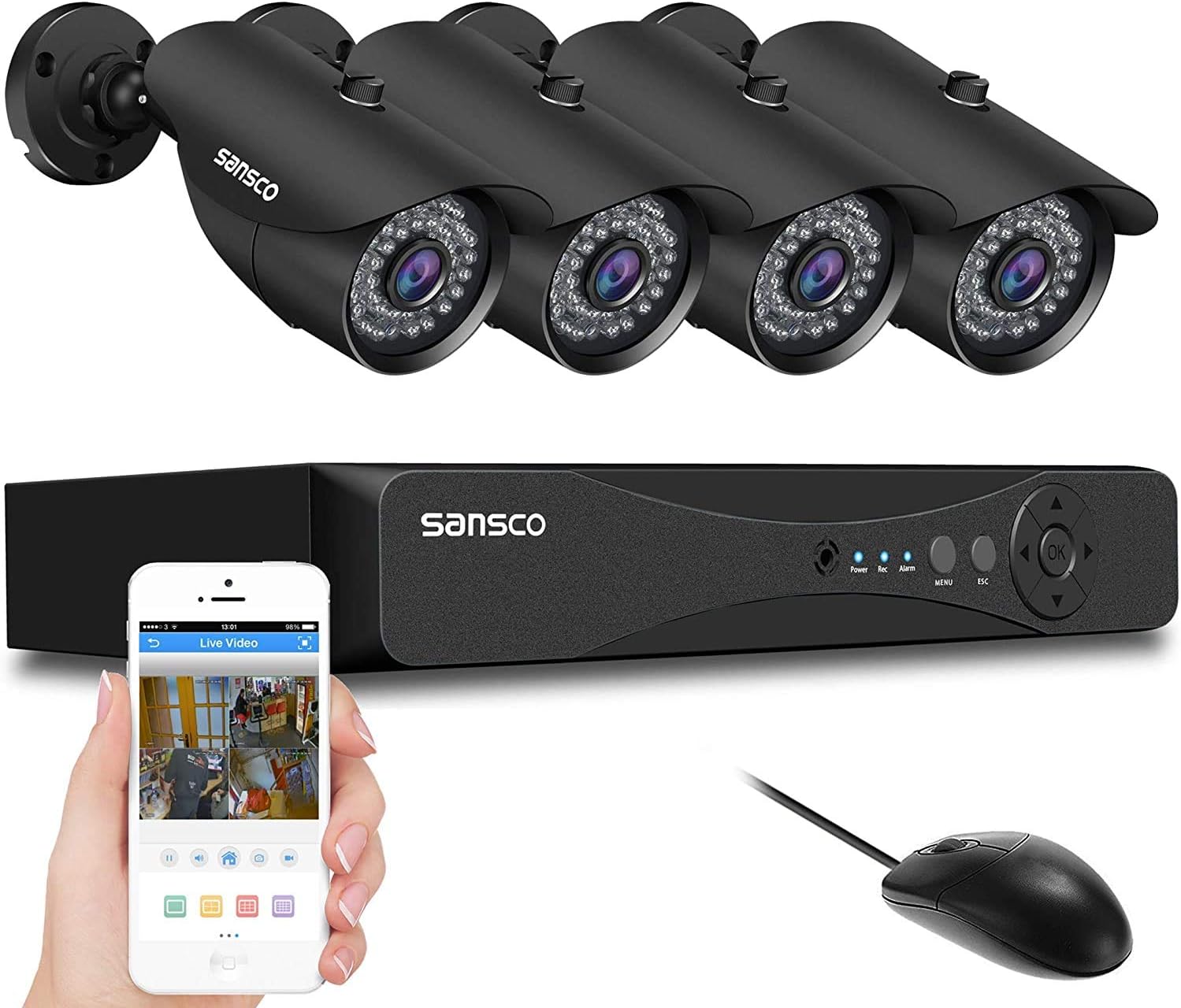 [True HD] SANSCO 2K Expandable 8CH Home Security Camera System w/ 1TB HDD, (4) 2MP CCTV Outdoor Waterproof Cameras | 24/7 & Motion Recording, Email/App Push Alert, Remote Access | Support Up to 8-Cam