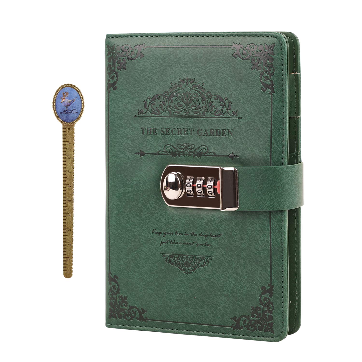 Vintage Embossed Leather PU Journal Diary Notebook with Password Lock Daries Soft Pack Memo Book with Buckle Closure and Pen Holder, Green