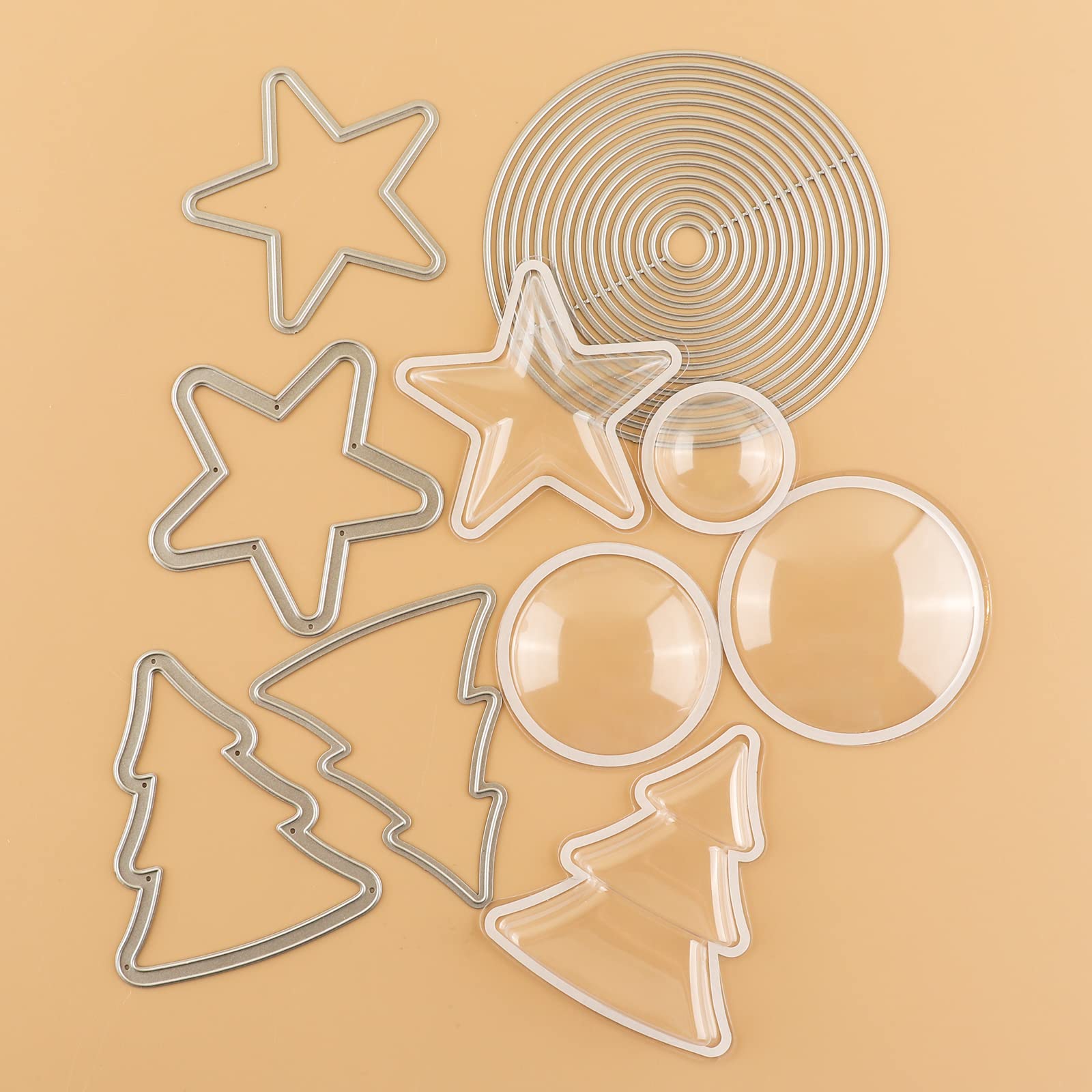 CYFUN DESIGN 50Pack Dimensional Shaker Domes Card Making Semicircle Stars Christmas Trees Shape Plastic Clear Puffy Covers Coordinate Metal Cutting Dies Paper Crafting Arts Window Blister