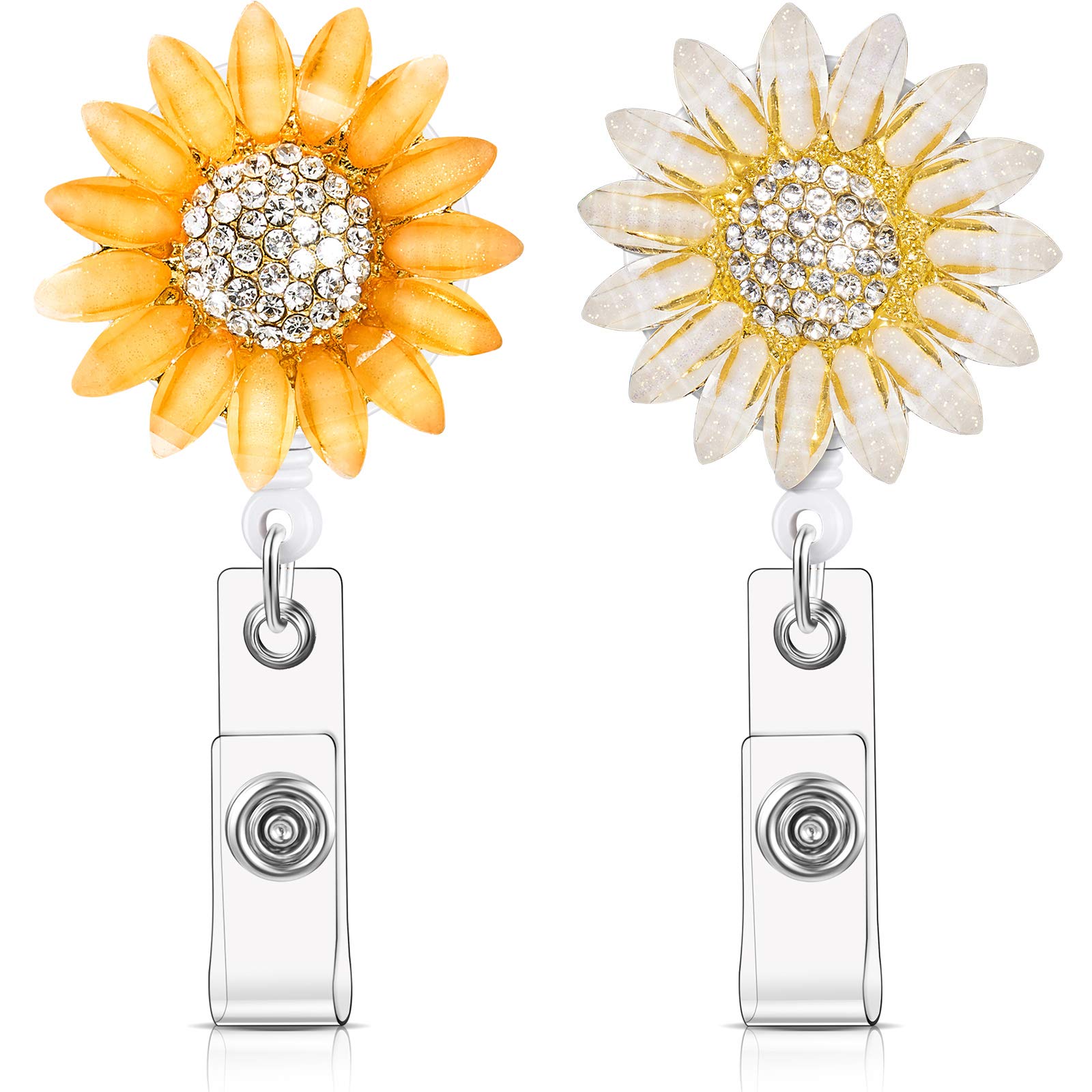 Photo 1 of Zonon 2 Pieces Retractable Reel Sunflower Badge Reel Sunflower Holder Clip with Alligator Clip Nylon Cord ID Badge on Card Holders for Nurse Teacher Student(Orange, White)