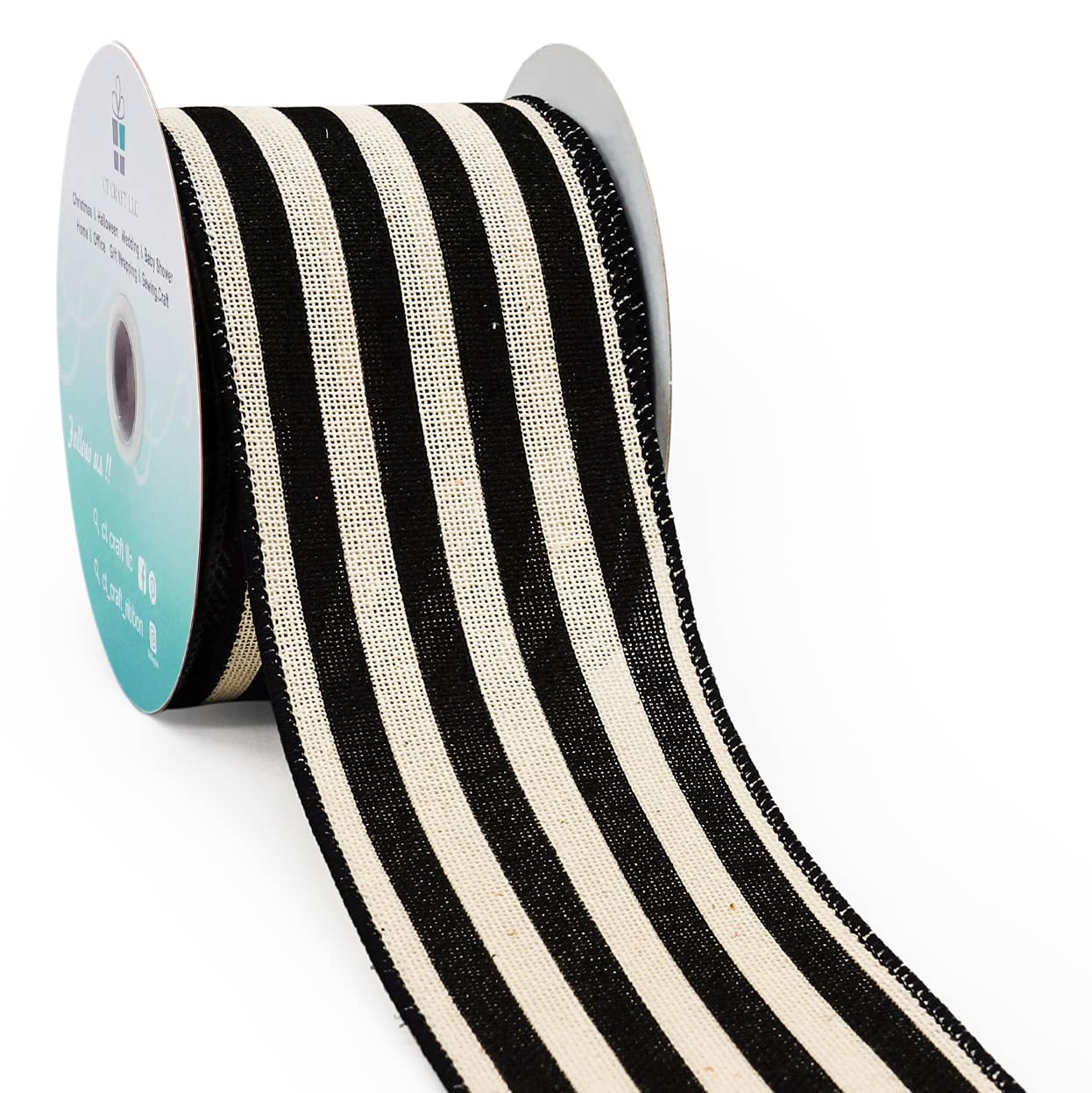 Photo 1 of CT CRAFT LLC Striped Canvas Cotton Ribbon 2.5" x 10 Yards Ivory/Black Stripes for Thanksgiving Christmas Home Décor Gift Wrapping Outdoor Tree Topper Bow Wreath
