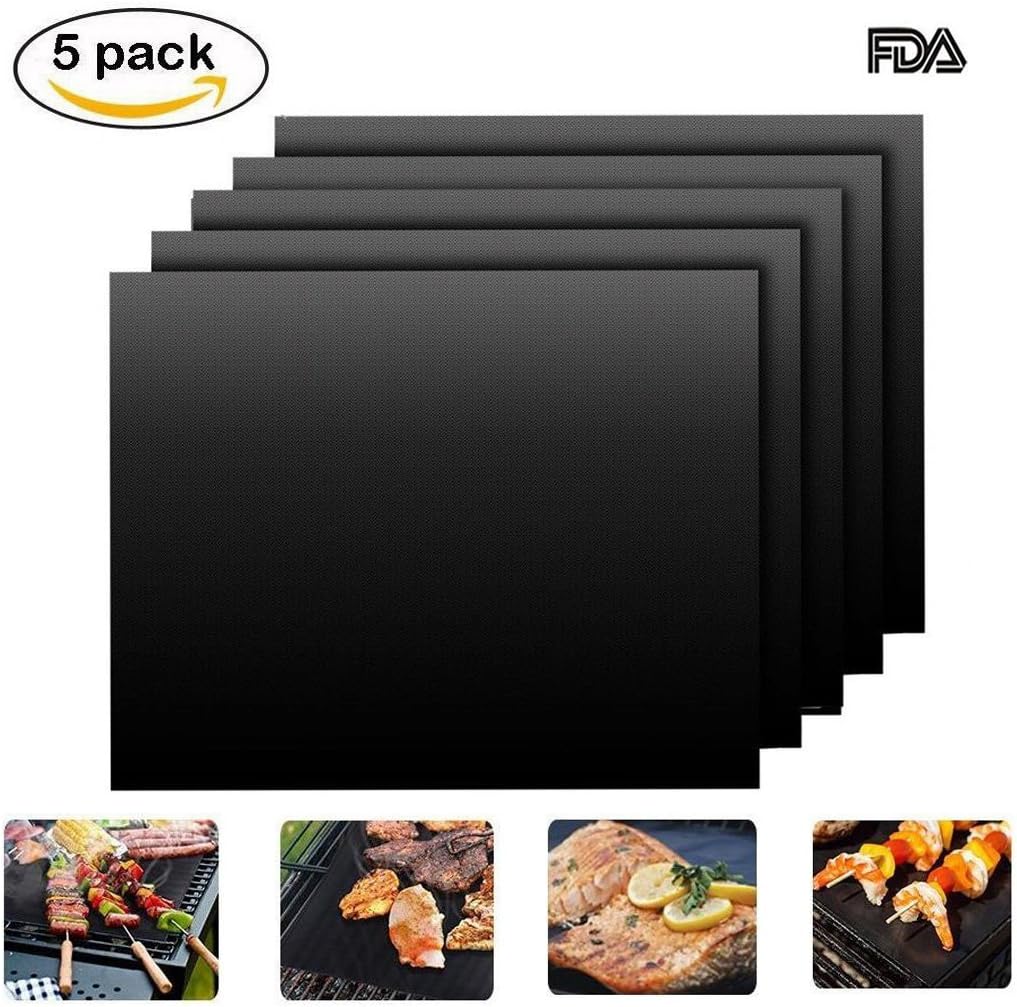 BBQ Grill Mats (16" x 13"), KALLOE 5 Sets Non Stick Heat Resistant Oven Liner Teflon FDA-Approved Sheets for Reusable, Durable Cooking Mats for Barbecue Grilling types,Ideal for Baking on Gas, Charcoal, Oven and Electric Grills