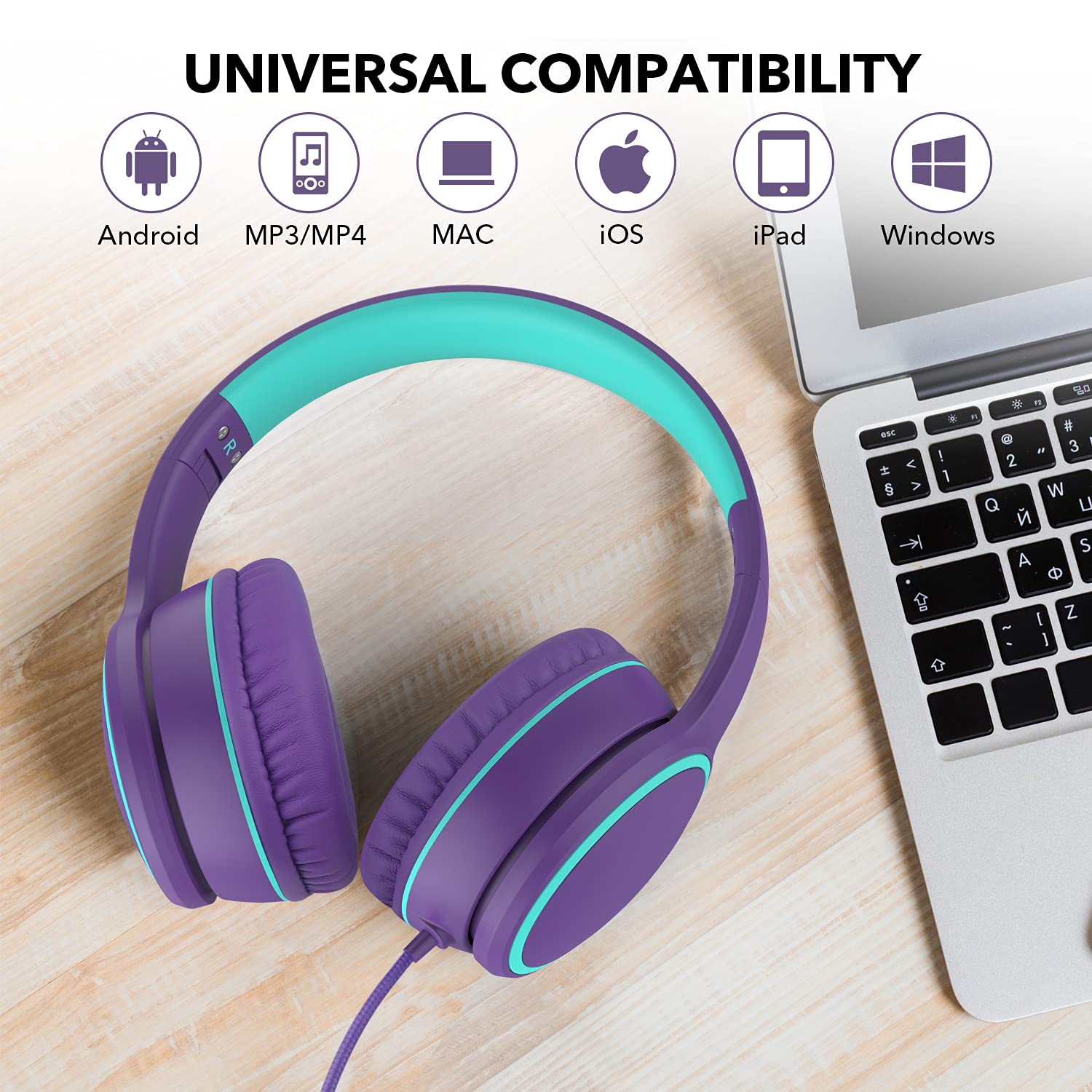 RORSOU R10 Over-Ear Headphones with Microphone, Lightweight Folding Stereo Bass Headset with 1.5M No-Tangle Cord, Portable Wired Headphones for Smartphone Tablet Computer MP3 / 4 (Purple)