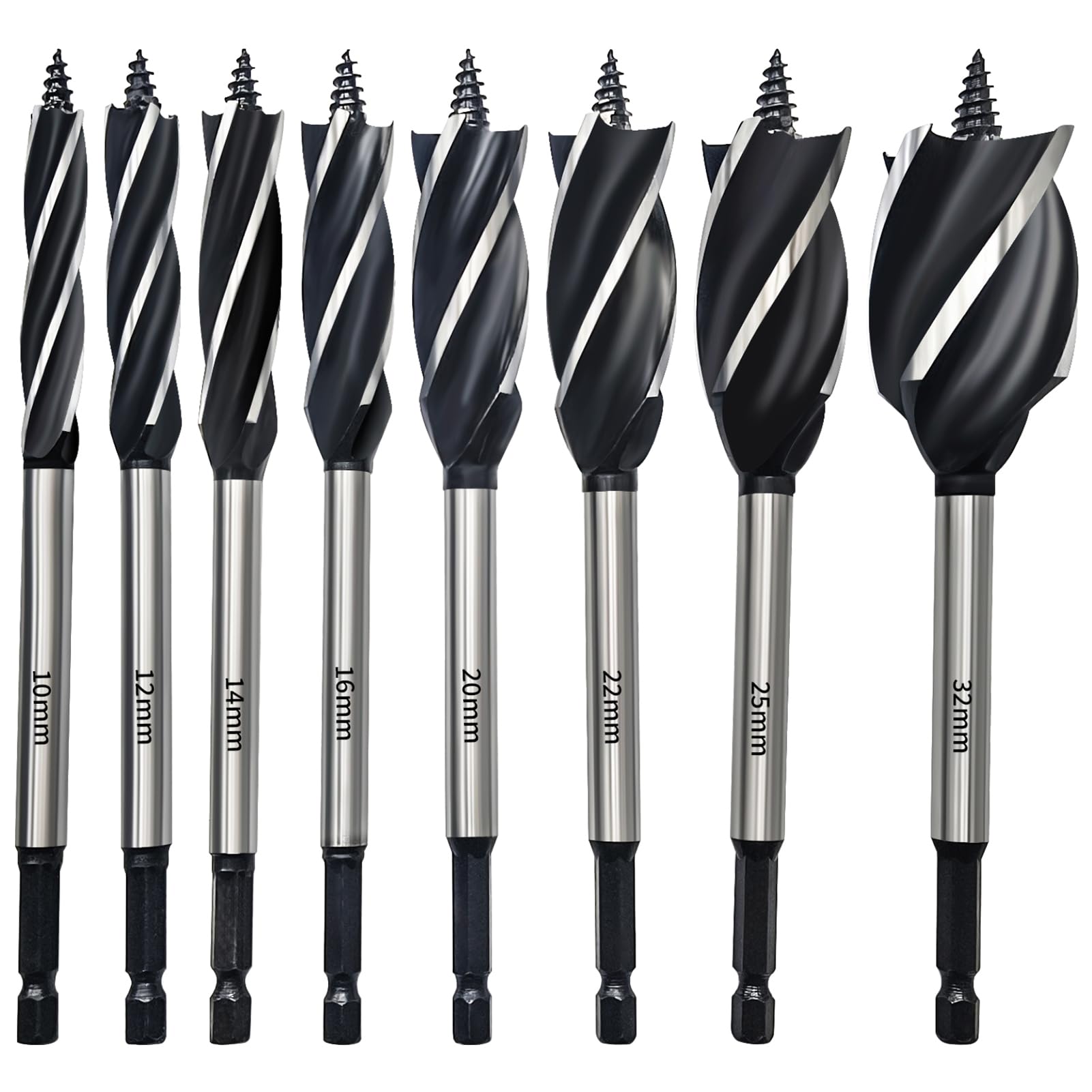 HPMAISON Wood Drill Bit Set, 8PCS Reaming Drill Auger Bit, 10mm,12mm,14mm,16mm,20mm,22mm,25mm,32mm, High Carbon Steel Fast Cut Woodworking Drill Bit for Soft & Hard Wood, Plastic