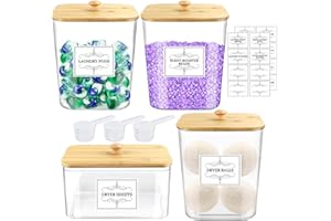 Dobur 4PCS Laundry Pods Container, Clear Laundry Room Organization and Storage with Bamboo Lids, 3 Premium Scoops & Labels – Ideal for Scent Booster Beads, Dryer Balls, Sheets & Powder