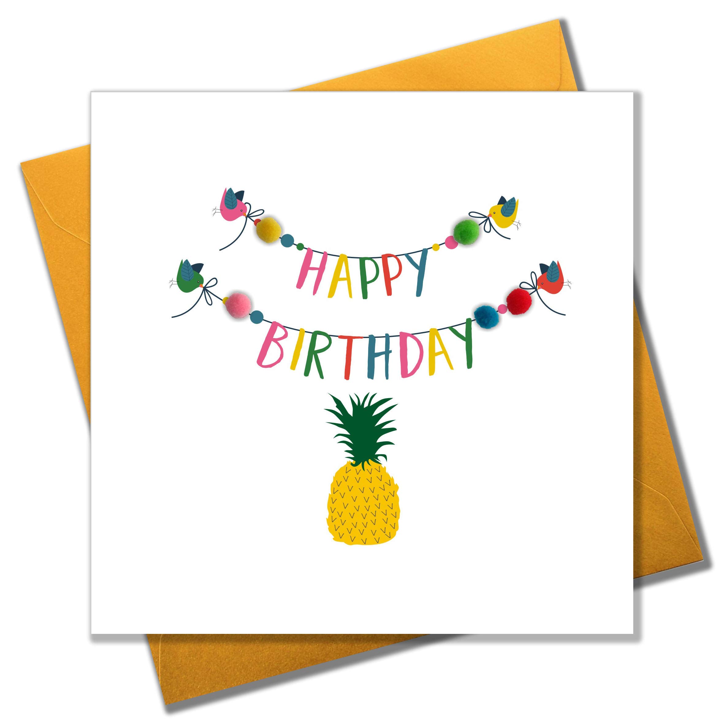 Claire Giles Greeting Cards, Happy Birthday Card, Bunting and Pineapple Design Birthday Greeting Card, Embellished with Colourful Pompoms