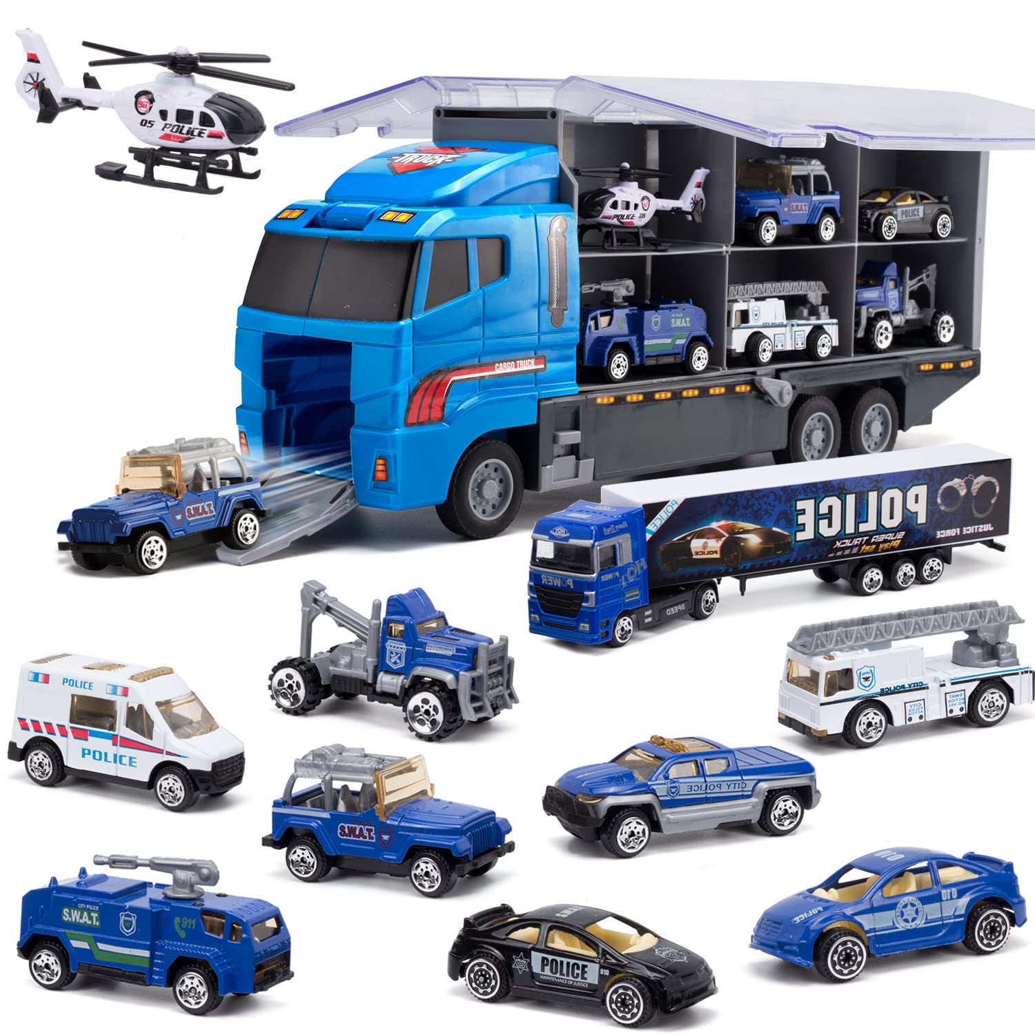 SWUNXION Police Die-Cast Transport Truck(10 in 1), Mini Play Vehicle in Carrier Car Toy Set, Double Side Transport Vehicle Mini Cars for Kid Child Girl Boy Play Birthday Party Favors Christmas