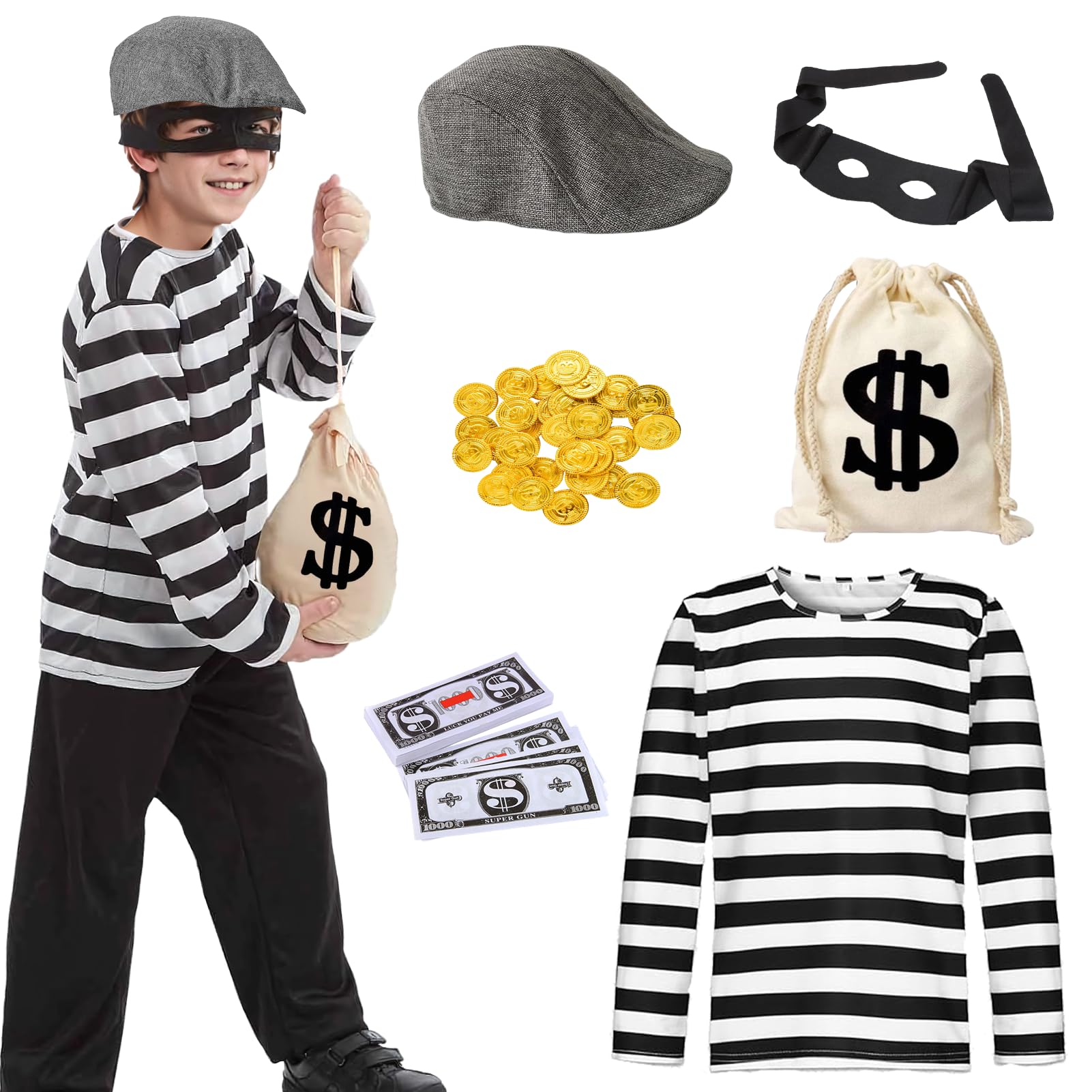 Raveparty Robber Costume Kids, Burglar Costume Kids with Robber Mask Swag Bag Girls Boys World Book Day Costumes (Black, M)
