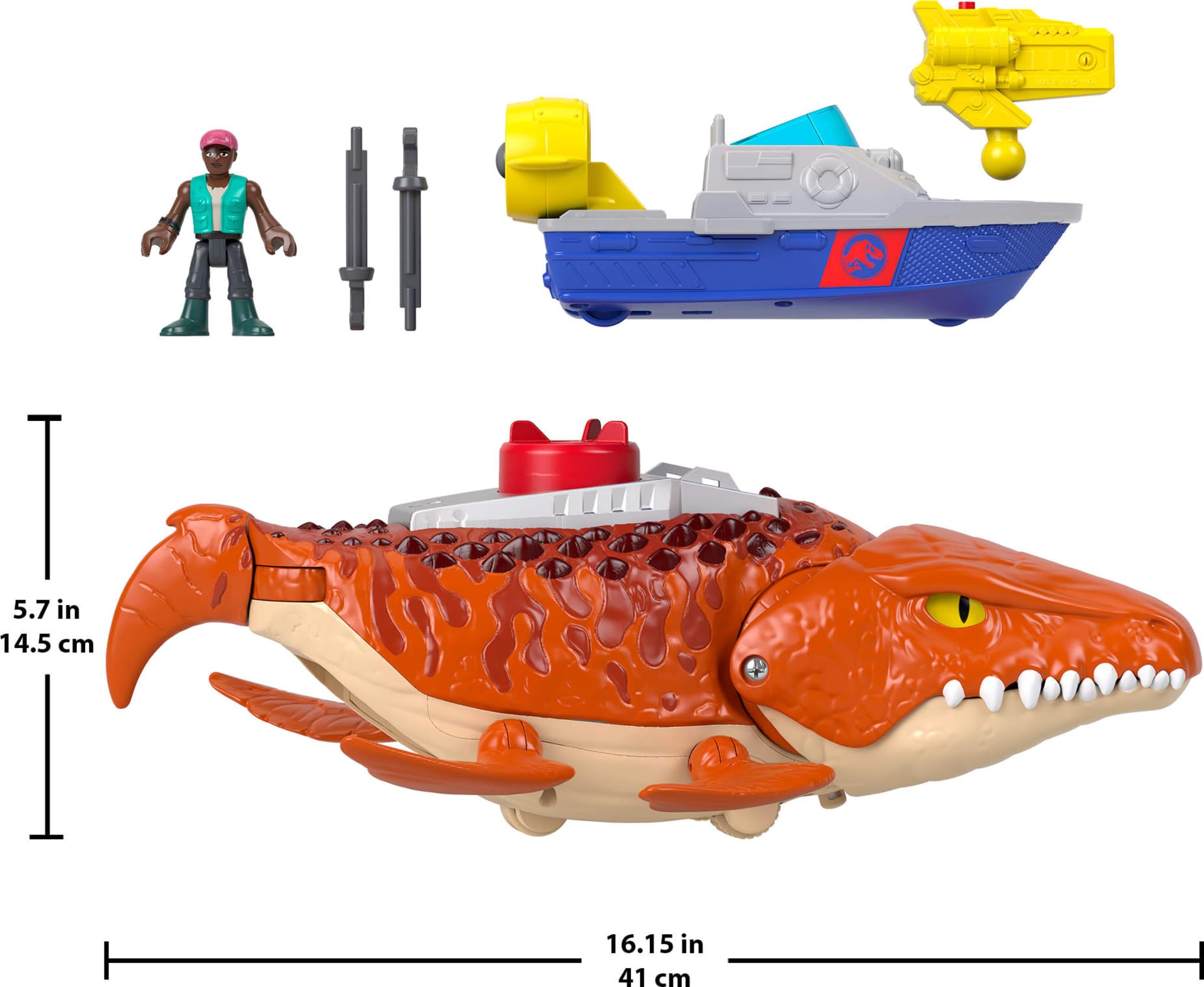 Fisher-Price Imaginext Jurassic World Rebirth Aquachomp Chase Mosasaurus 18-inch Dinosaur Toy with 3-inch Action Figure, Launcher Boat & 2 Projectiles