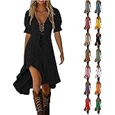Western Dress for Women Puff Sleeve Irregular Hem Midi Boho Dresses Casual Summer V Neck Vintage Cowgirl Outfits
