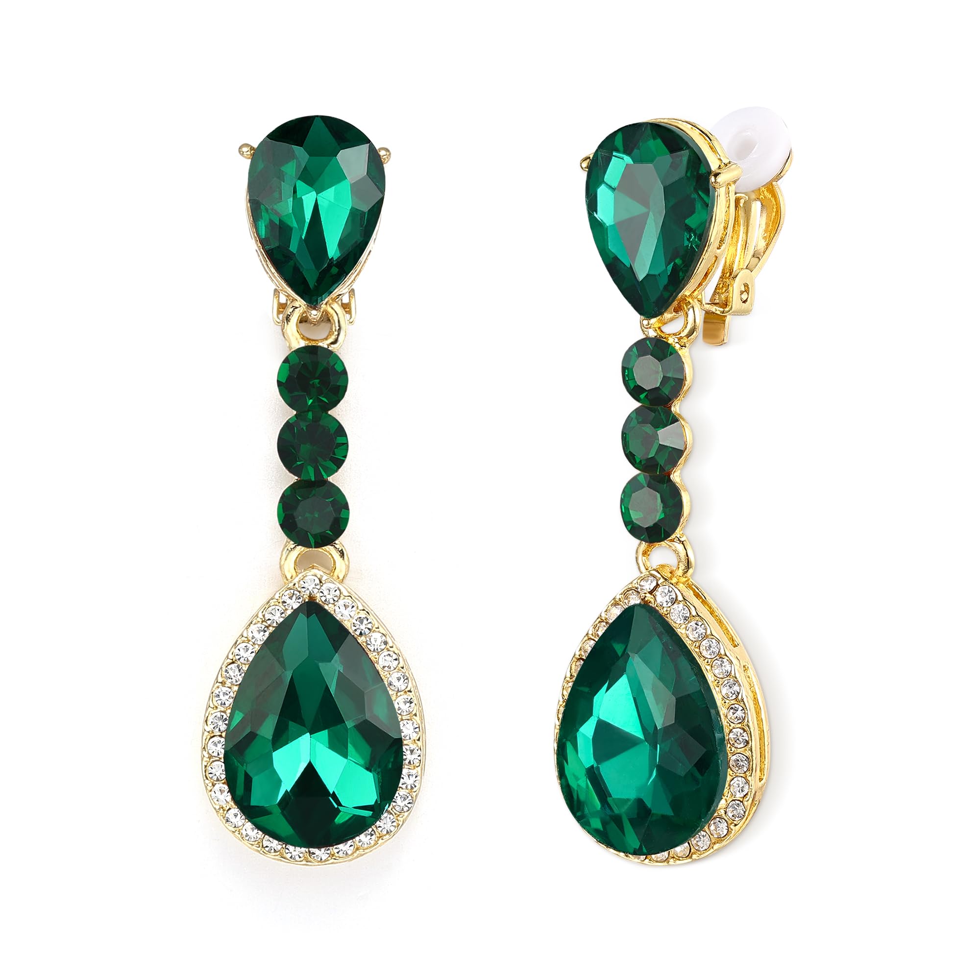 Clearine Crystal Teardrop Dangle Round Crystal Clip-On Earrings for Women Costume Statement Wedding Bridal Jewellery Emerald Gold-Tone