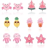 6 Pair Kids Clip On Earrings, Resin Non-Pierced Magnetic Earrings Beach-Inspired Octopus Crab and More Design Summer Theme Ear Clip Dress Up Jewelry Accessory for Girls (6 Styles)