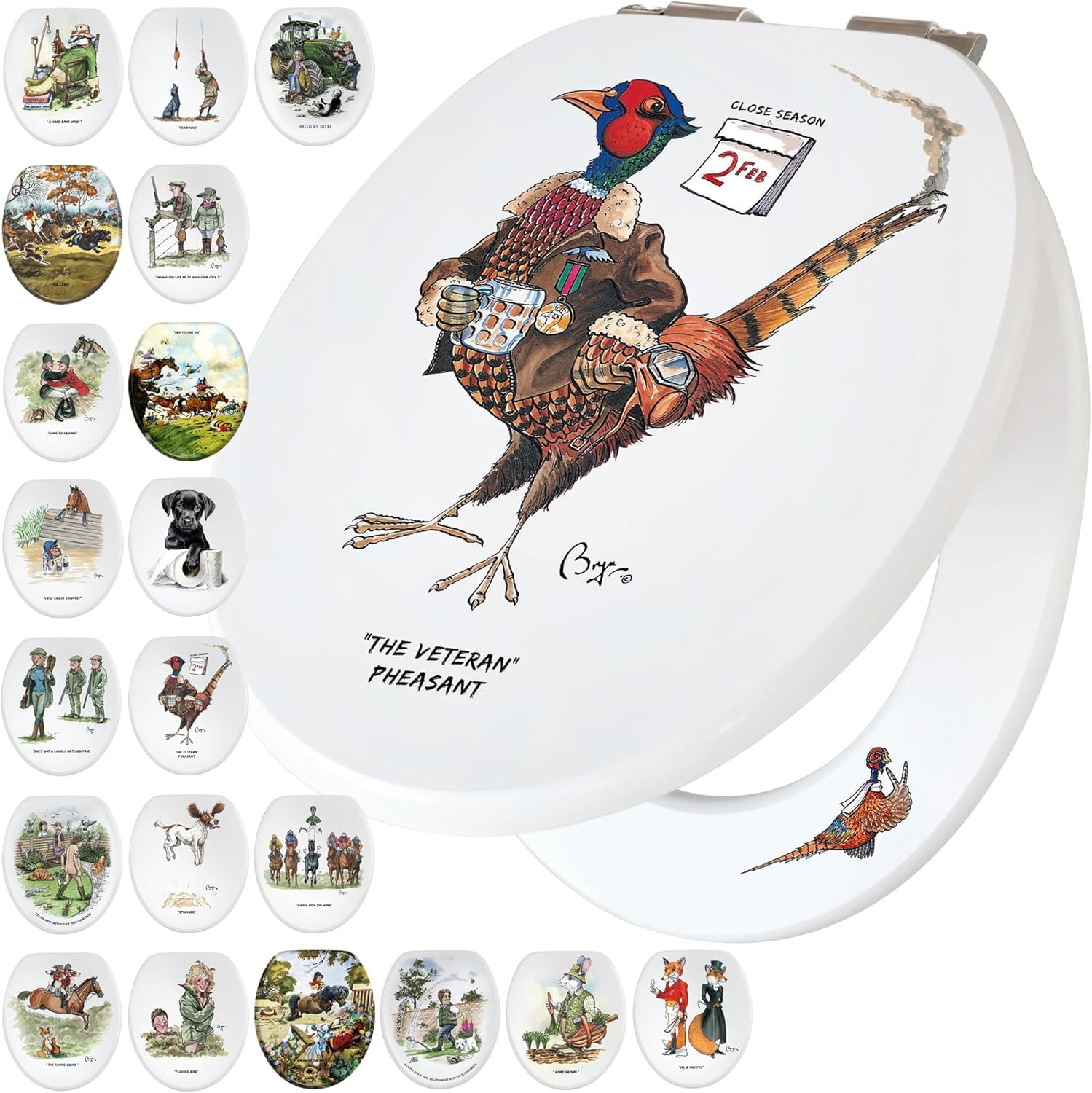 Fun Novelty Toilet Seat Soft Close, Easy Fit, Printed On 3 Surfaces with Bryn Parry Humorous Pheasant Shooting Season Art. A Great Gift Idea to Add A Touch of Fun to Any Shooting Enthusiats Bathroom.